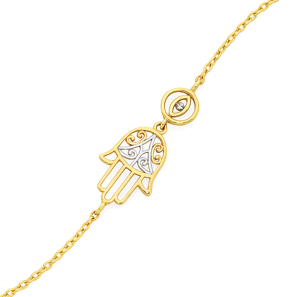 9ct Gold Two Tone 27cm Evil Eye Hamsa Hand Anklet Goldmark AU