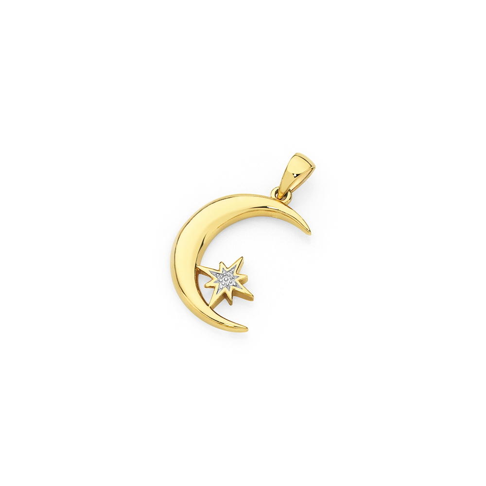 Crescent Moon & Star Pendant Necklace in 9ct Yellow Gold