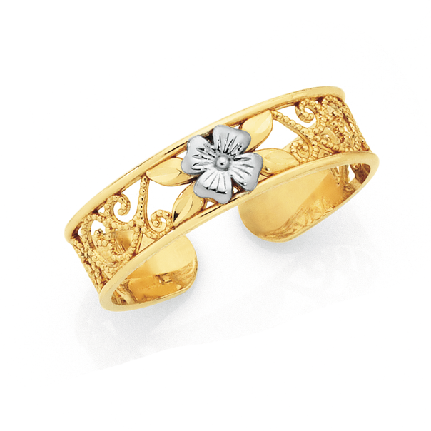 9ct Gold Two Tone Filigree Flower Toe Ring