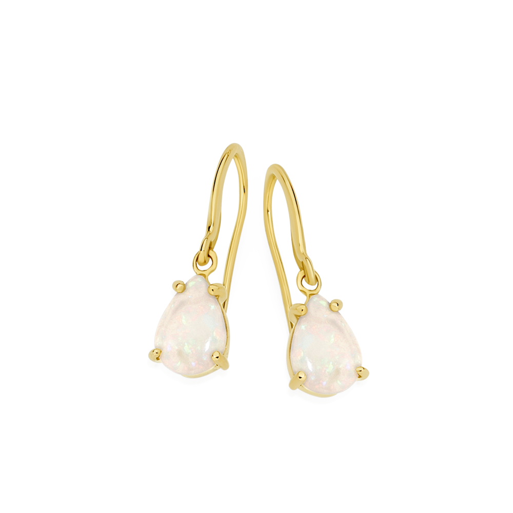 9ct Gold White Opal Hook Earrings in White