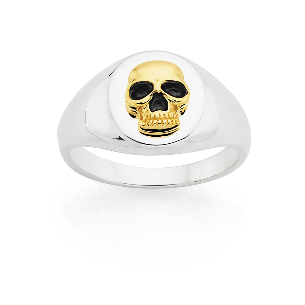 9ct Gold silver Skull Oval Signet Gents Ring Goldmark AU