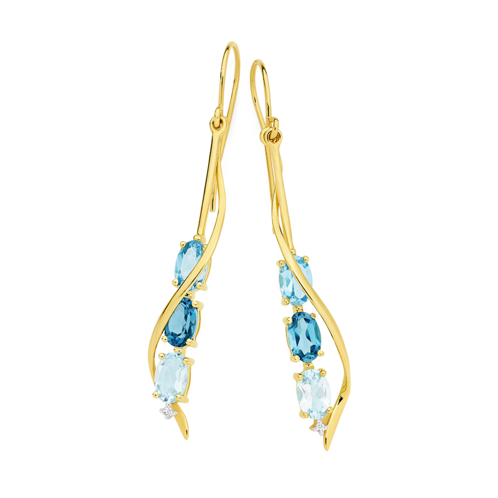 9ct Multi Blue Topaz & Diamond Swirl Spiral Drop Hook Earrings in