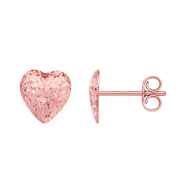 9ct Rose Gold 8mm Diamond-cut Heart Earrings
