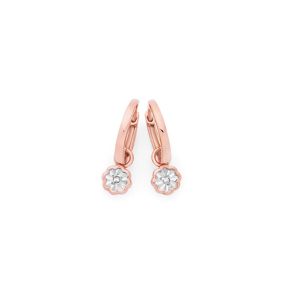 9ct Rose Gold Diamond Flower Drop Huggie Earrings