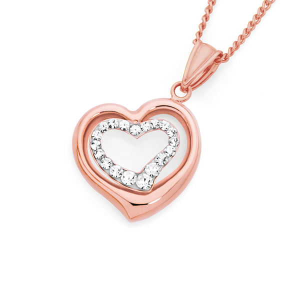 9ct Rose Gold on Silver Crystal Double Open Heart Pendant