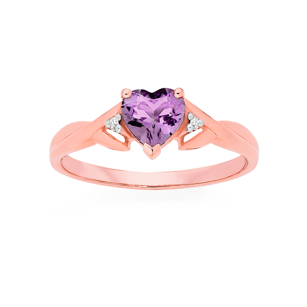 9ct Rose Gold Pink Amethyst Diamond Heart Cut Ring in Purple