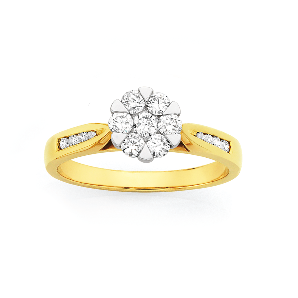 Cluster engagement sales rings yellow gold