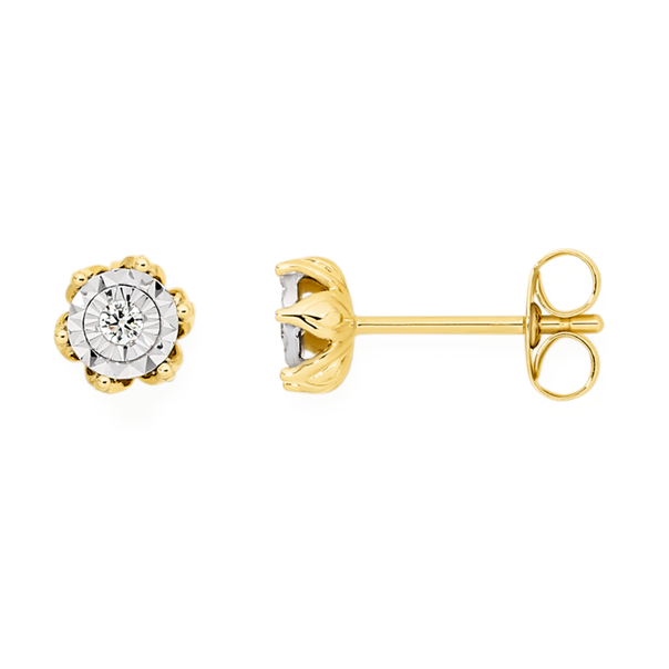 9ct Two Tone Gold Diamond 6 Claw Stud Earrings