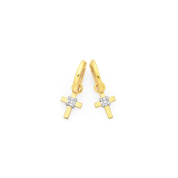 9ct Two Tone Gold Diamond Cross Drop Huggie Earrings