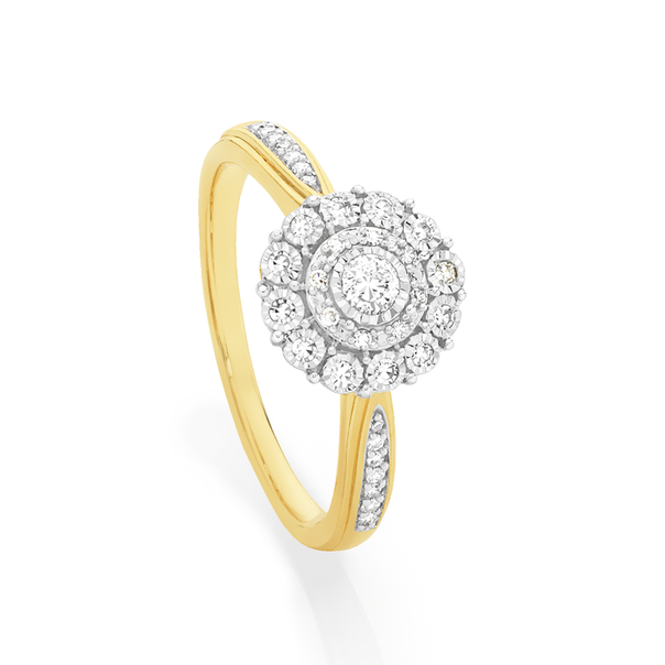 9ct Two Tone Gold Diamond Double Halo Round Cluster Ring