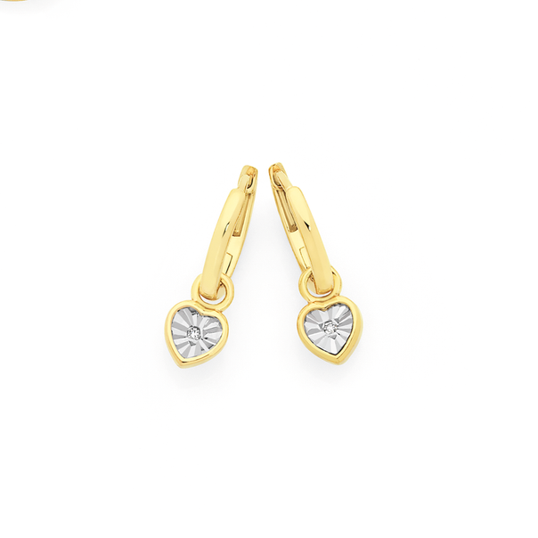 9ct Two Tone Gold Diamond Heart Drop Huggie Earrings