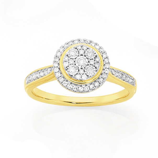 9ct Two Tone Gold Diamond Round Cluster Ring