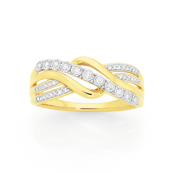9ct Two Tone Gold Diamond Swirl Crossover Ring