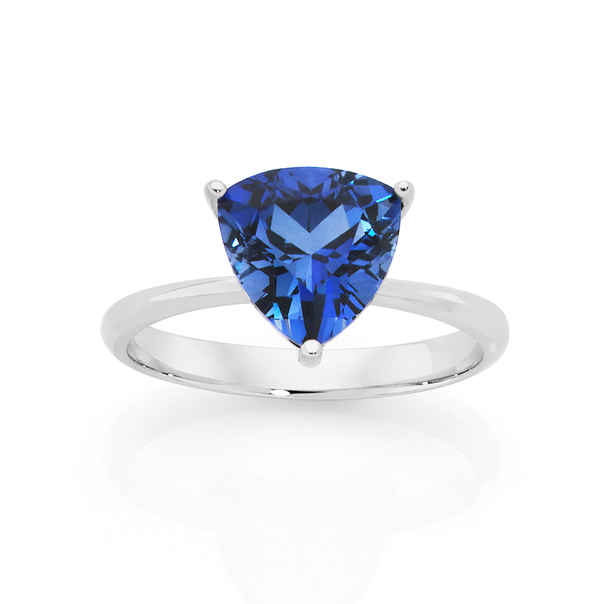 9ct White Gold Created Sapphire Trilliant Cut Ring