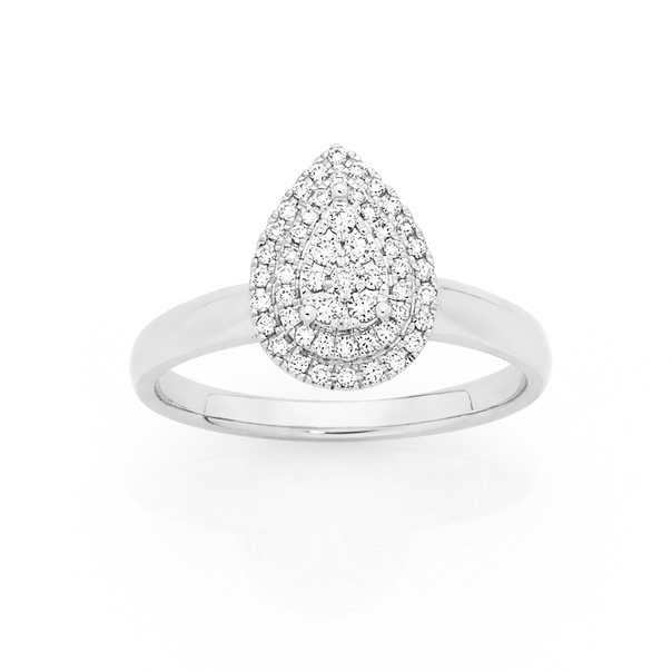 9ct White Gold Diamond Cluster Pear Shaped Ring