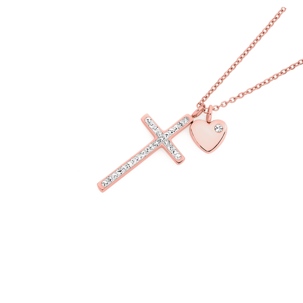 Rose Plated Steel Crystal Cross With Heart Charm Pendant