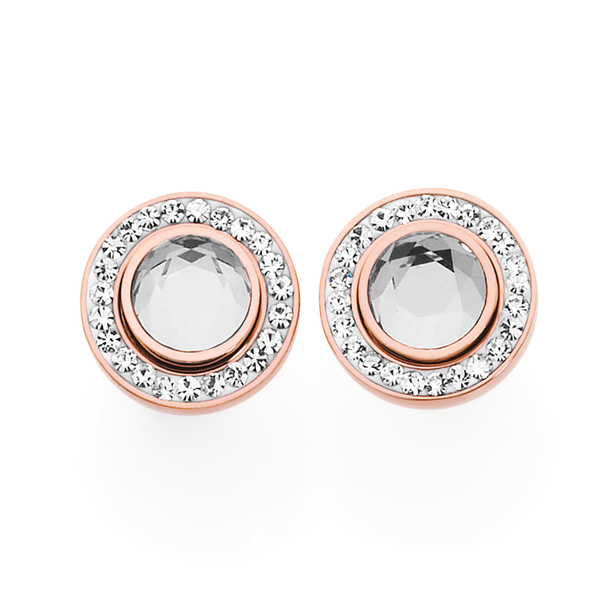 Rose Plated Steel Interchangeable Round Crystal Bezel Earrings