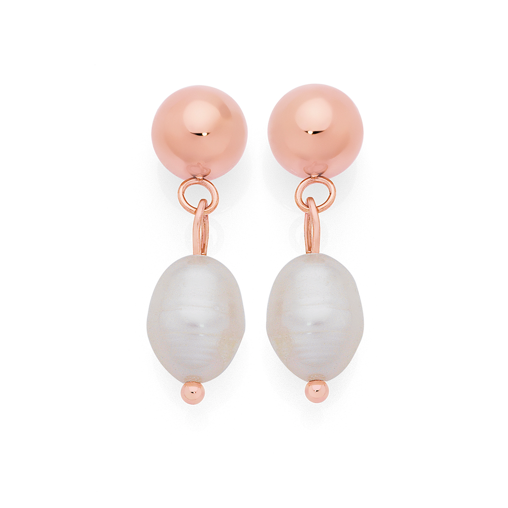 Rose Plated Steel Pearl On Ball Drop Earrings