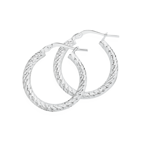 Silver 15mm Sparkly Twist Hoop Earrings