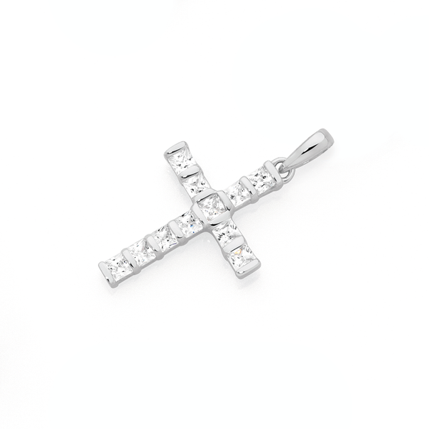 Silver 20mm CZ & Bar Fine Cross Pendant