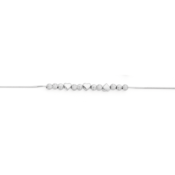 Silver 25cm Heart & Dia Cut Bead Alternate Link Anklet
