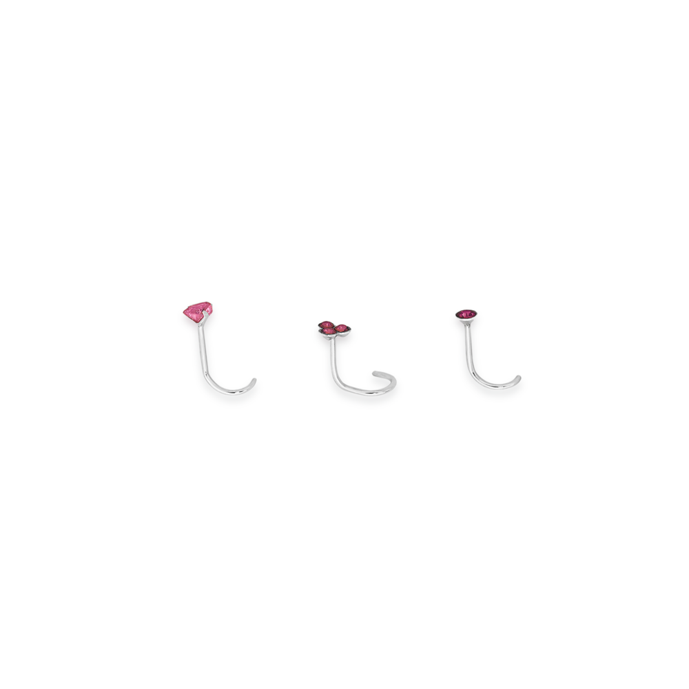 Silver 3 Piece Pink Crystal Nose Stud Set