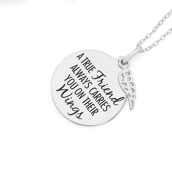 Silver A True Friend Disc Wiith Wing Charm Message Pendant