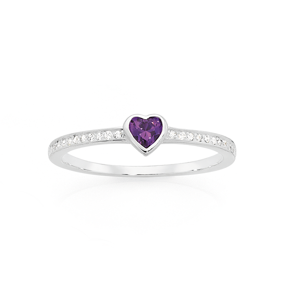 Silver Bezel Set Purple CZ Heart Ring Size S