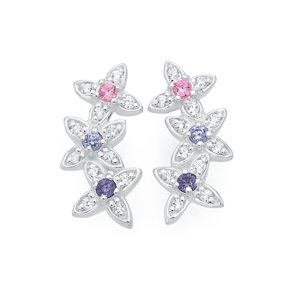Silver Bloom Pink, Lavender & Purple Cubic Zirconia Ear Curve Earrings