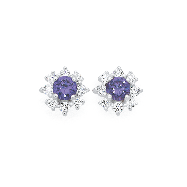 Silver Bloom Purple Cubic Zirconia Centre Flower Earrings