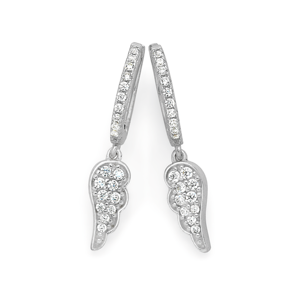 Silver Cubic Zirconia Angel Wing On Cubic Zirconia Huggie Earrings