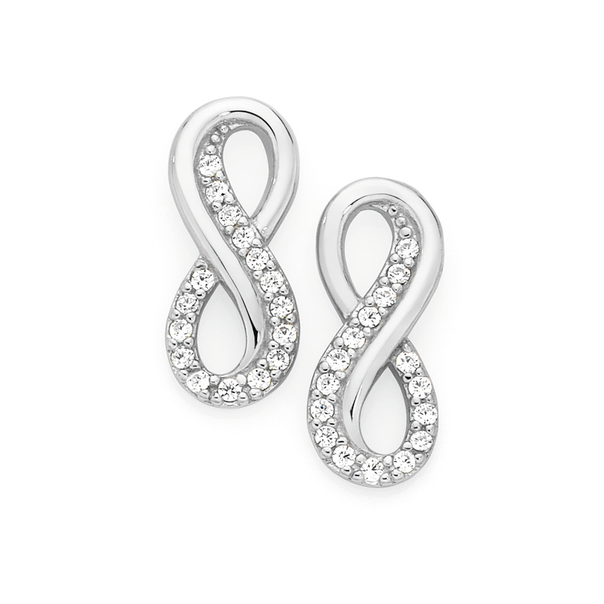 Silver Cubic Zirconia Double Infinity Stud Earrings
