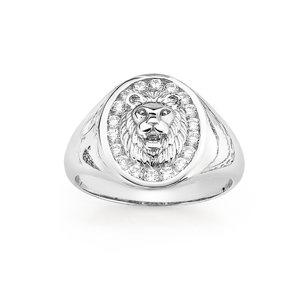 Silver Cubic Zirconia Surround Lion Head Oval Signet Ring