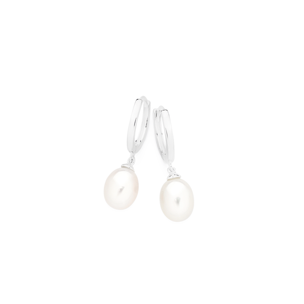 Silver Cultured Freshwater Pearl Drop On Huggie Earrings