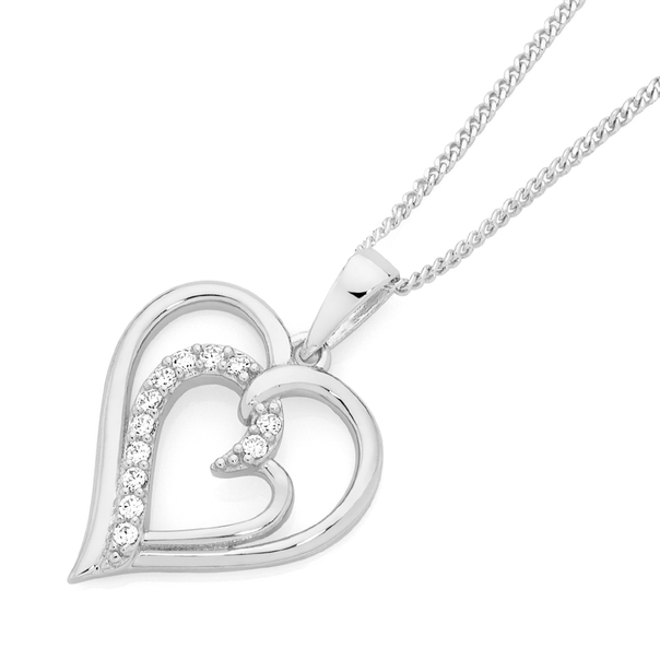 Silver CZ Angled Heart In Open Heart Pendant