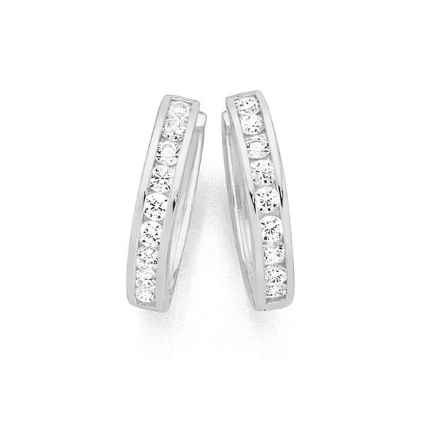 Silver CZ Channel Set Huggie Earrings