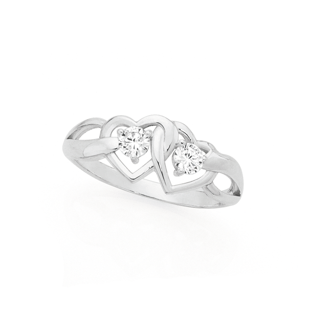Silver CZ Double Interlocking Heart Ring Size P