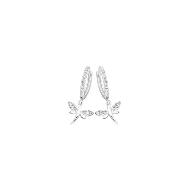 Silver CZ Dragonfly On CZ Hoop Earrings