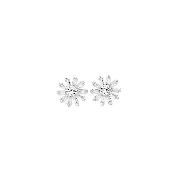 Silver CZ Emerald Cut Flower Stud Earrings