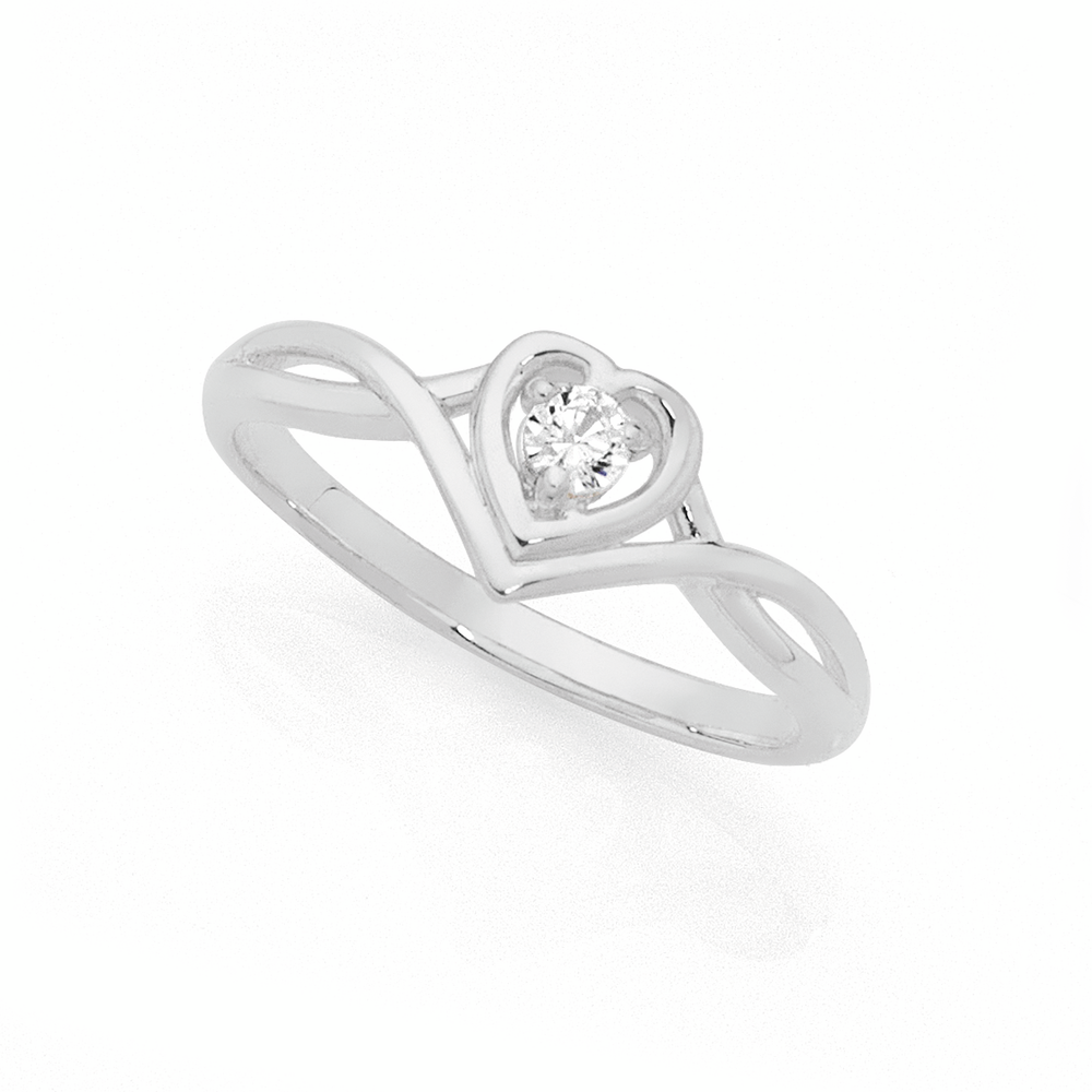 Silver CZ In Open Heart 'V' Ring Size N 