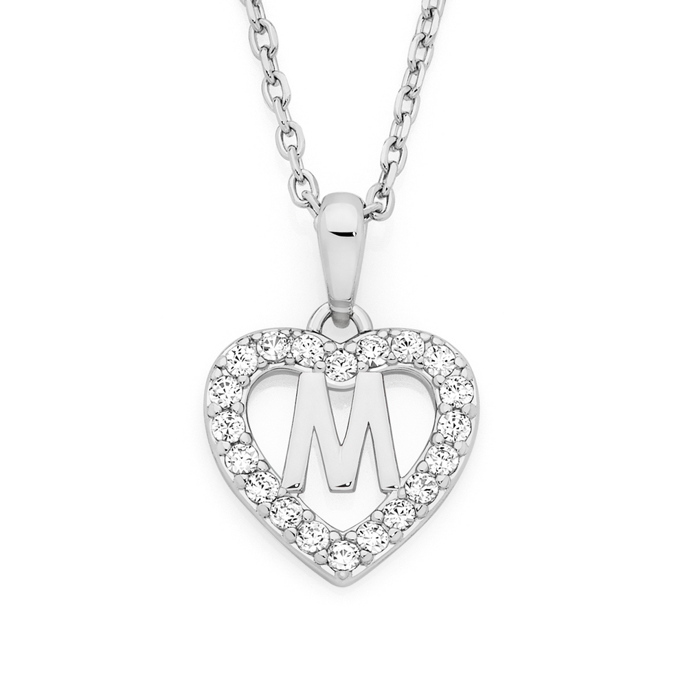 Silver Cz 'm' In Heart Initial Pendant in Clear | Goldmark (AU)