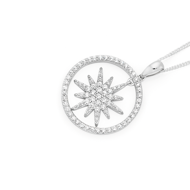 Silver CZ Magical Night Star In Circle Pendant