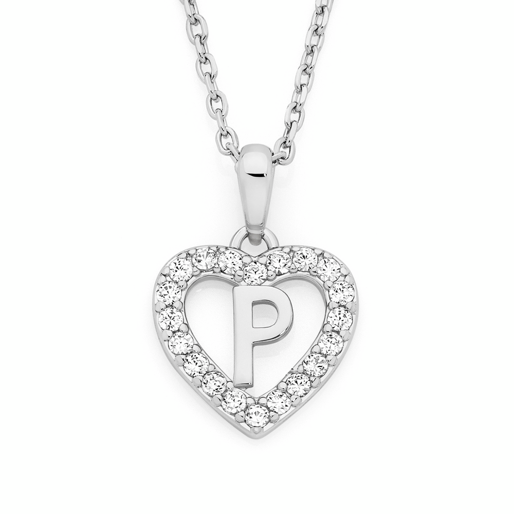 Silver Cz 'p' In Heart Initial Pendant in Clear | Goldmark (AU)