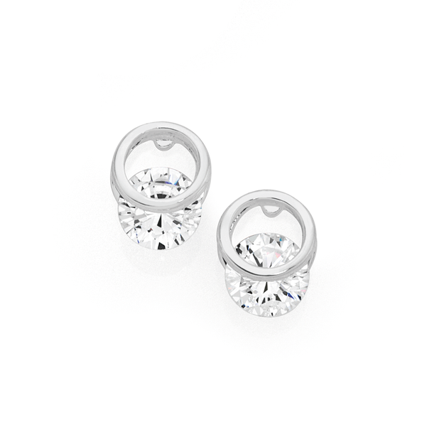 Silver CZ Round Claw In Circle Stud Earrings
