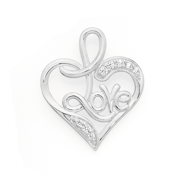 Silver CZ Scripted 'Love' Heart Pendant