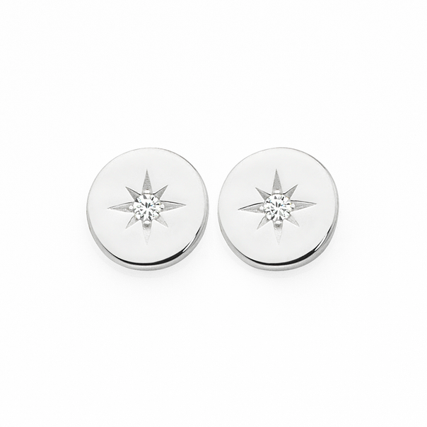 Silver CZ Star Disc Stud Earrings