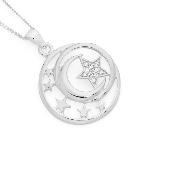 Silver Cz Star With Moon & Stars Pendant