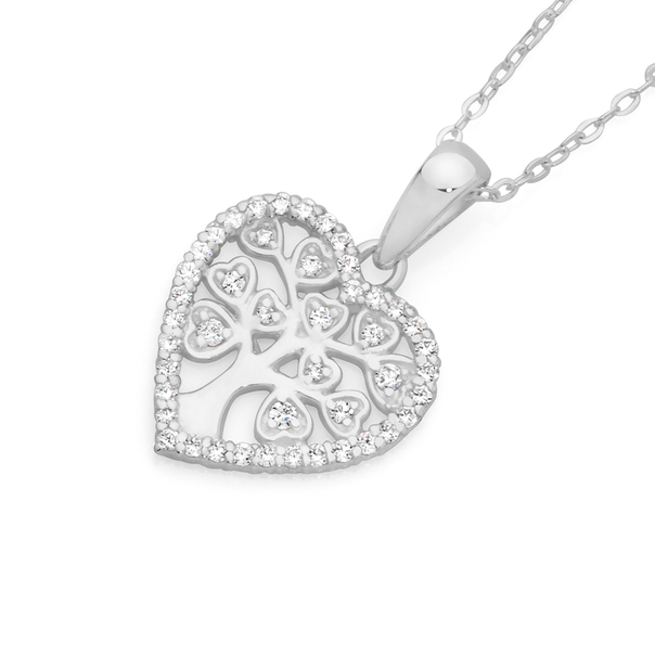 Silver CZ Tree Of Life In Flat Heart Pendant