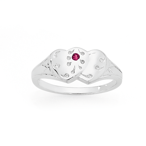 Silver Double Heart Red CZ Signet Ring