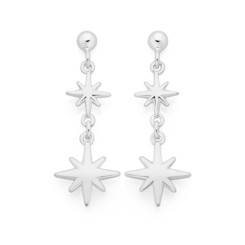 Silver Double Magical Stars Drop Earrings Goldmark Au